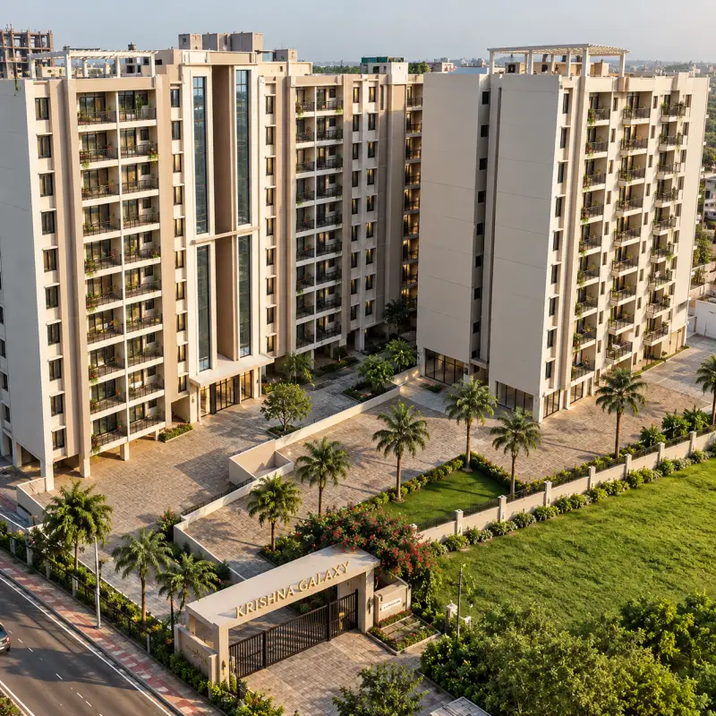 Aerial view of the towers, landscaped lawns and the Krishna Galaxy gate