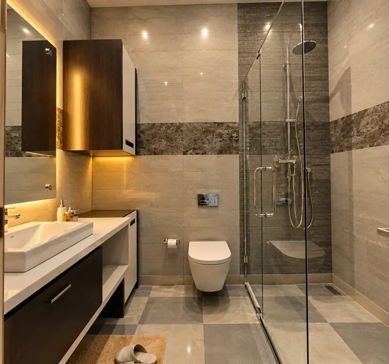 Bathroom with vanity, wall-hung WC and glass shower