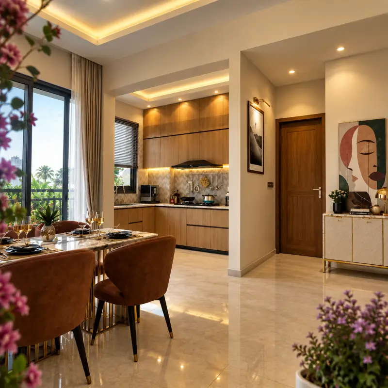Dining area with a modular kitchen behind it