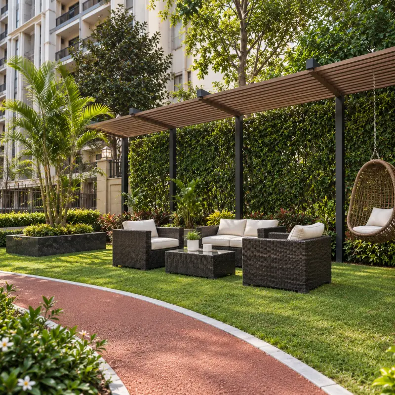 Garden lounge under a pergola beside a red jogging track