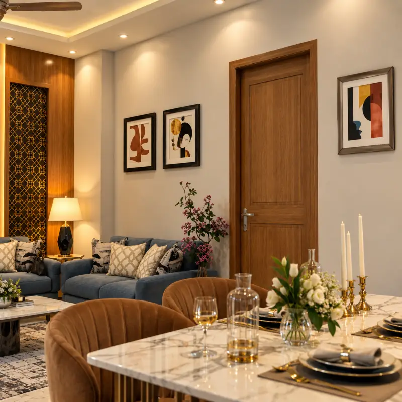 Furnished living room with sofa set and dining table