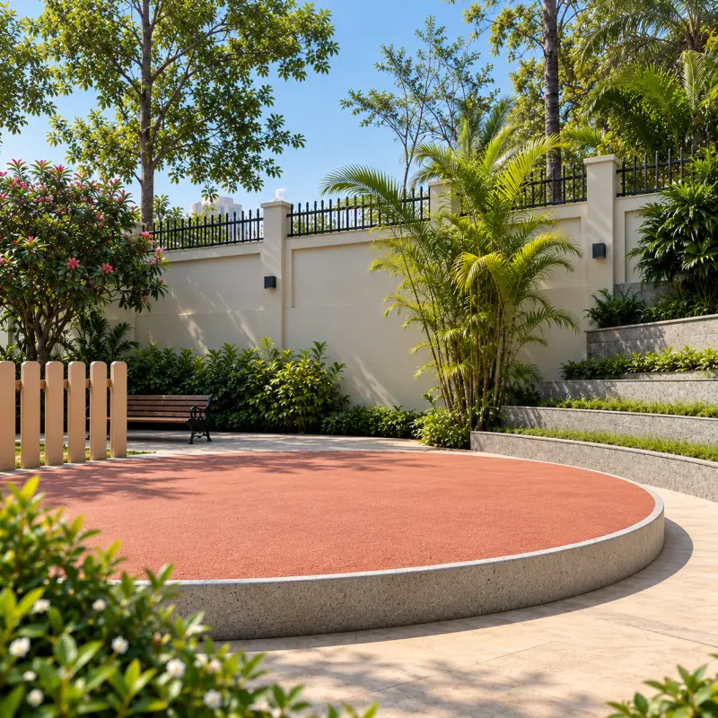 Raised circular open-air stage in a landscaped court