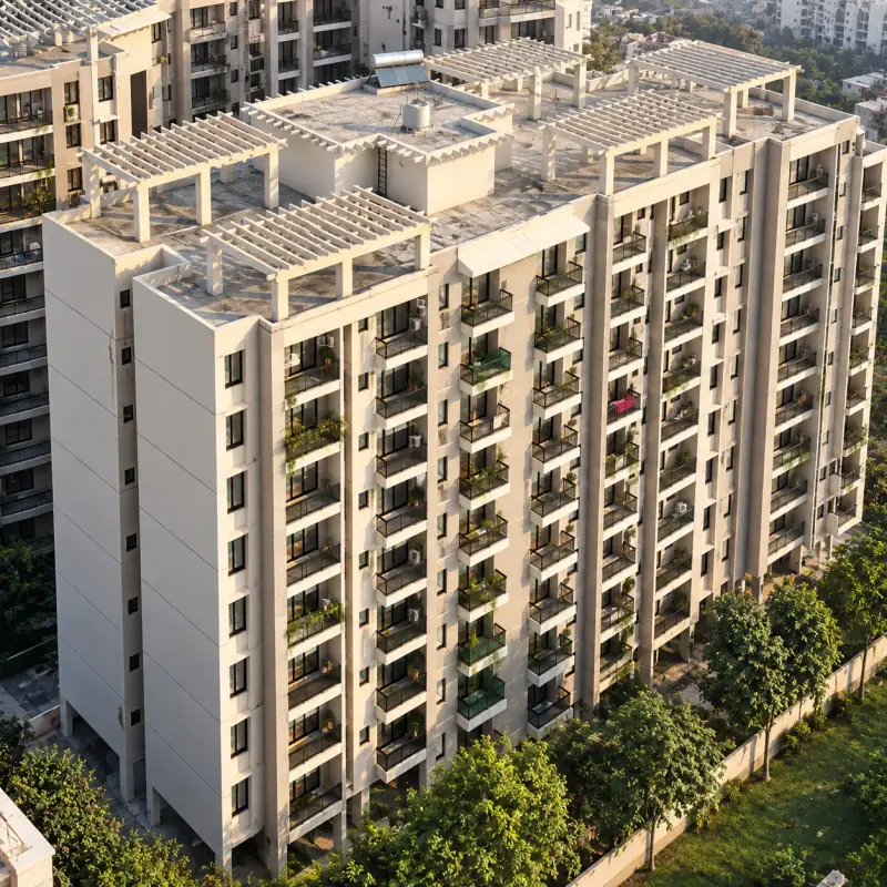 A Krishna Galaxy tower with balconies and a roof pergola