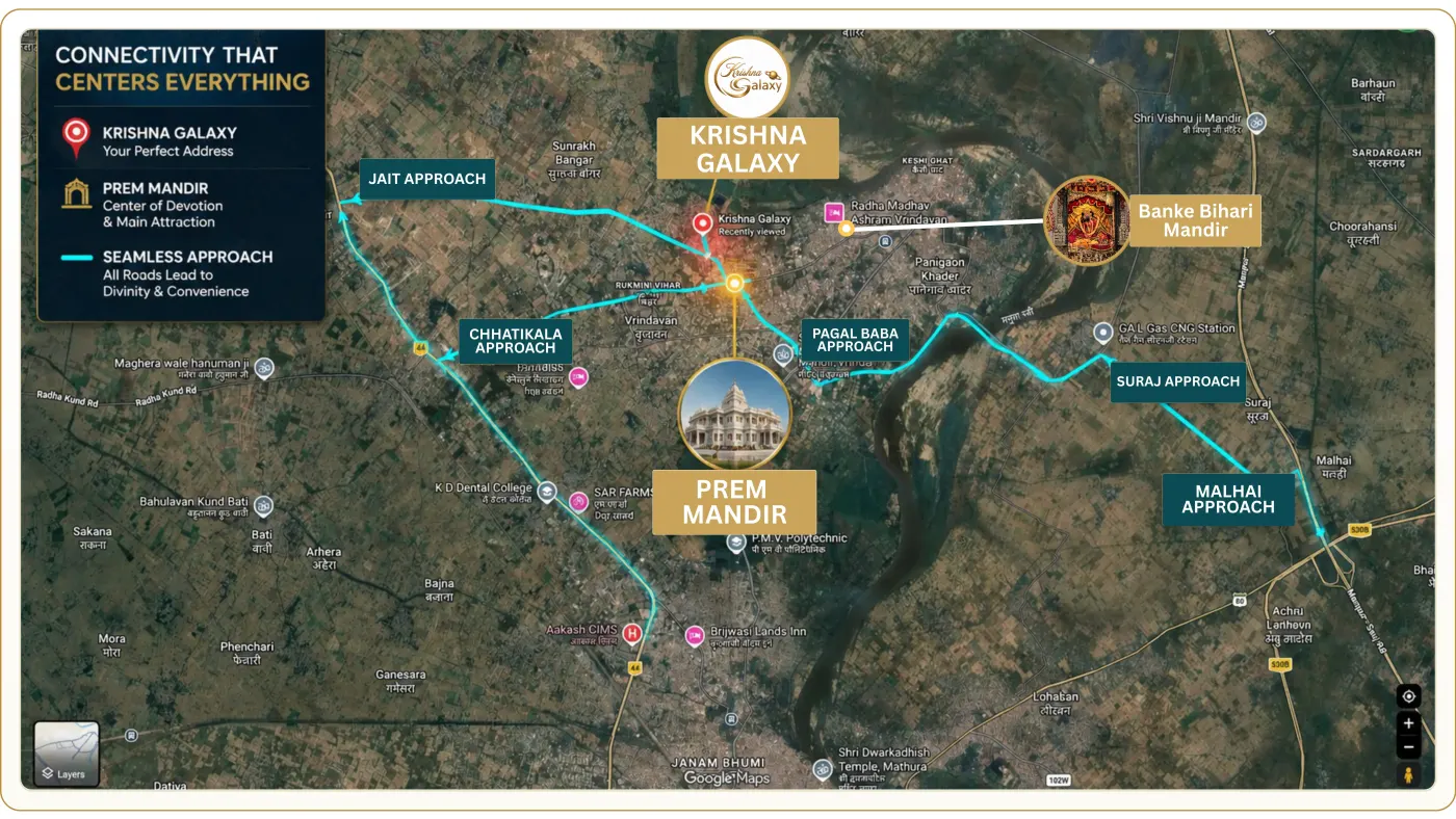 Map showing Krishna Galaxy near Prem Mandir and Banke Bihari Mandir, with the approach roads