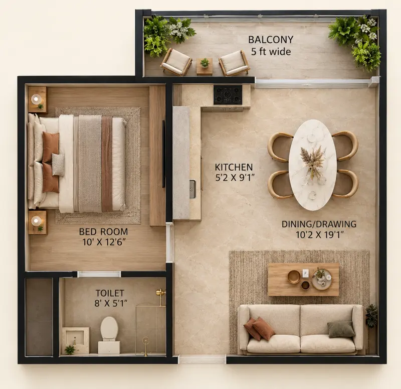 1 BHK floor plan: bedroom, toilet, open kitchen, dining and drawing room, balcony
