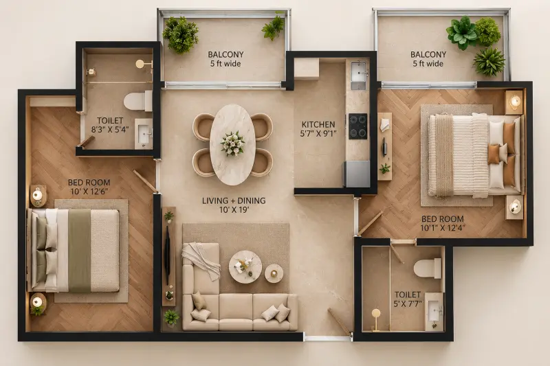 2 BHK floor plan: two bedrooms, two toilets, living and dining, kitchen, two balconies