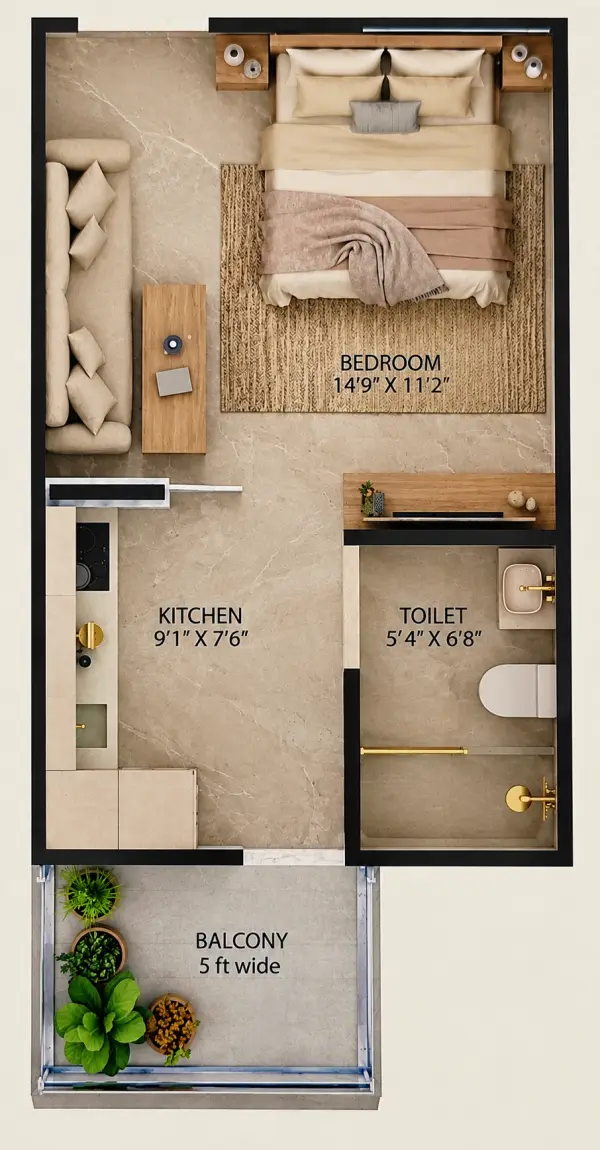 Studio floor plan: bedroom and living space with sofa, kitchen, toilet and a balcony